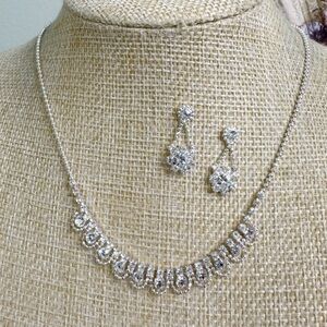 Crystal Silver Choker Necklace Earring Set Lace Scalloped Floral Deco Revival